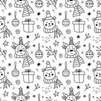 padrão sem emenda de Natal. rostos bonitos de veado e urso, presentes de ano novo, bolas de natal, estrelas e galhos. ilustração vetorial desenhada à mão em estilo doodle. perfeito para papel de embrulho, embalagem, decoração vetor