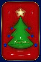 3d Natal árvore dentro lustroso plástico projeto, tridimensional brilhando cartão, brilhante verde abeto para cobrir, convite, calendário, festa, rótulo, moda vetor ilustração em brilhante vermelho fundo