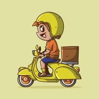 fofa Entrega Garoto desenho animado vetor ilustração equitação amarelo retro vintage clássico lambreta. retro clássico lambreta bicicleta vetor