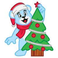 polar Urso dentro santa claus chapéu e cachecol decoração uma Natal árvore vetor