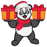 panda dentro uma santa claus chapéu e cachecol segurando uma presente caixa vetor