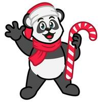 panda dentro uma vermelho cachecol e uma santa chapéu segurando uma Natal doce bengala vetor