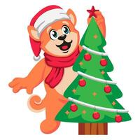 fofa desenho animado cachorro dentro santa chapéu com Natal árvore vetor