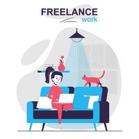 freelance trabalho isolado conceito cartoon. trabalhador remoto ou freelancer trabalha online em casa, cena de pessoas em design plano. ilustração vetorial para blog, site, aplicativo móvel, materiais promocionais. vetor