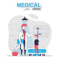 conceito isolado dos desenhos animados da clínica médica. pediatra mede a altura do menino, examina o paciente, a cena das pessoas em design plano. ilustração vetorial para blog, site, aplicativo móvel, materiais promocionais. vetor