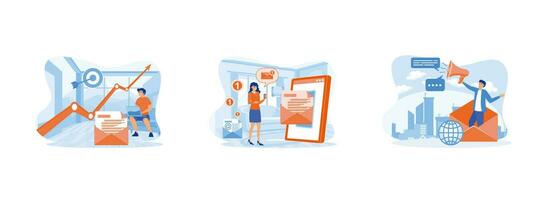 o email marketing. o email serviço. enviando o email Boletim de Notícias para desconto ou promoção Informação. o email marketing 1 conjunto plano vetor moderno ilustração