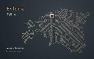 Estônia mapa com uma capital do Tallinn mostrando dentro uma microchip padronizar com processador. e-governo. mundo países vetor mapas.