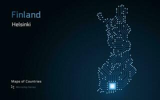 Finlândia mapa com uma capital do Helsínquia mostrando dentro uma microchip padronizar com processador. e-governo. mundo países vetor mapas. microchip Series