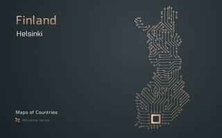 Finlândia mapa com uma capital do Helsínquia mostrando dentro uma microchip padronizar com processador. e-governo. mundo países vetor mapas. microchip Series