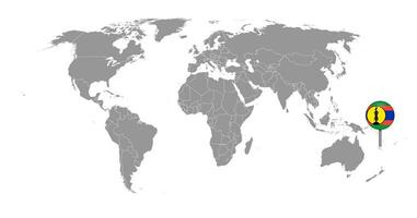 pin mapa com bandeira da Nova Caledônia no mapa do mundo. ilustração vetorial. vetor