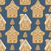 Natal desatado padronizar do Pão de gengibre casas e abeto árvores festivo fundo dentro plano desenho animado estilo. vetor
