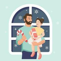 Papai e filha, com uma presente e doce bengala contra a pano de fundo do uma janela com flocos de neve. inverno Natal ilustração dentro plano estilo. vetor