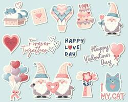 conjunto do fofa dia dos namorados dia adesivos. amor elementos gnomo, coração, gato, balões. romântico vetor ícones pacote pastel cores