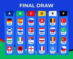 futebol 2024 final etapa grupos. mesa do a final desenhar do a europeu campeonato 2024. nacional futebol equipes com bandeira ícones vetor