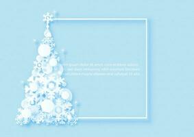 decorado Natal bola com silhueta neve flocos dentro uma pinho árvore forma e papel cortar estilo, exemplo Texto:% s em em quadrado quadro, Armação e azul papel padronizar fundo vetor