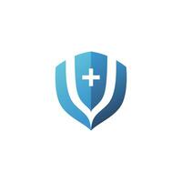 Projeto conceito do seguro logotipo com escudo e Cruz placa. perfeito para seguro e cuidados de saúde companhia logotipo. vetor