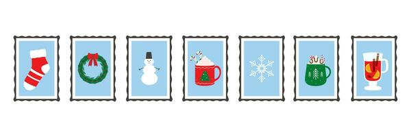 Natal postagem selos com fofa desenho animado As fotos para envelopes. Novo ano adesivos com uma Natal elementos. vetor ilustração