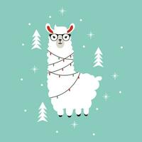 Natal fofa animal. alpaca embrulhado dentro guirlandas com óculos. lama plano vetor ilustração