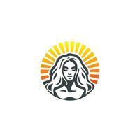 logotipo silhueta do uma mulher com grandes cabelo em uma Sol fundo vetor