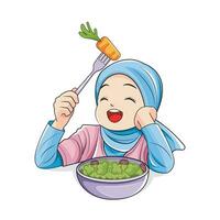 saudável Comida. pequeno menina dentro hijab O amor é para comer legumes. vetor ilustração