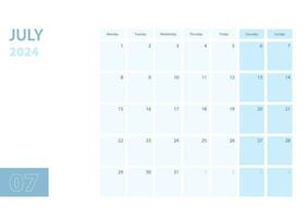 calendário modelo para a Julho 2024, a semana começa em segunda-feira. a calendário é dentro uma azul cor esquema. vetor
