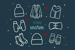 caloroso tricotado roupas vetor ícones definir. inverno acessórios coleção. branco contorno do chapéus, luvas, meias, lenço, luvas, casaco, arco de cabelo.