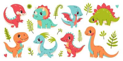 fofa dinossauro definir. clipart conjunto do fofa colori dinossauros. trex, diplodoco, triceratops, pterodactelo. vetor ilustração dentro desenho animado estilo.