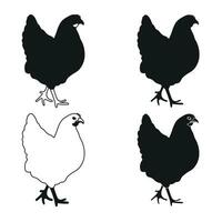 galo, frango, galinha, garota, posição de pé, aves de capoeira silhueta mão desenhado vetor