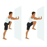 homem fazendo Alto joelho em a parede ou contra a parede exercício. vetor