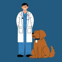 uma feliz masculino veterinário com uma cachorro. vetor ilustração do animal Cuidado. plano estilo. uma médico dentro uma uniforme e uma médico casaco com uma cachorro em uma azul fundo. internacional Veterinários dia