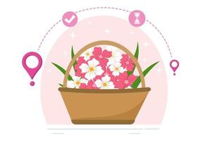 Negócio on-line de serviço de entrega de flores com correio segurando um buquê de pedido de flores usando caminhões, carros ou motocicletas. ilustração vetorial de fundo vetor