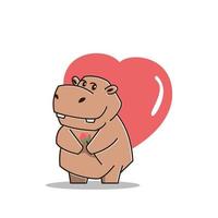 hipopótamo fofo grande hipopótamo apaixonado, mascote, coração, flor, desenho animado, personagem vetor