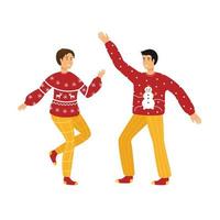 pessoas alegres, casal de suéteres de malha. feliz ano novo festa dançante celebração vetor