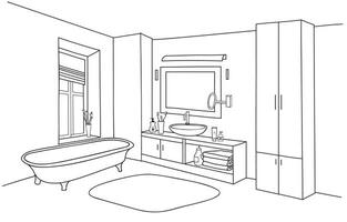 banheiro interior linha esboço. banho quarto mobília definir. vetor