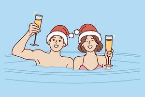 casal bebidas champanhe sentado dentro quente banheira em Natal véspera e desfrutando romântico configuração e festivo humor. alegre homem e mulher a comemorar Novo ano ou Natal dentro ao ar livre quente água Fonte vetor