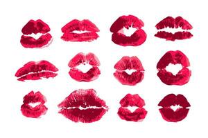 fêmea lábios batom beijo impressão definir. mulher batom vermelho beijo marcas, diferente forma imprime. vetor isolado em branco