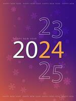 feliz Novo ano 2024 dentro uma ouro e branco cor Fonte, com neve em uma roxa fundo. Prêmio vetor fundo Novo ano 2024