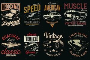 vintage carro Camisetas desenhos pacote. americano velho clássico carros camiseta. vetor
