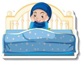 um modelo de adesivo com uma garota muçulmana sentada na cama vetor