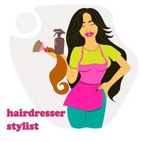 cabeleireiro, estilista segura spray, fio de cabelo para colorir. jovem mulher com ferramentas de cabeleireiro. estilista de profissão. pode ser usado para sites de beleza, blogs vetor