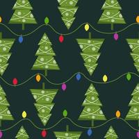 padrão sem emenda com árvore de Natal e lâmpadas multicoloridas em fundo escuro. decoração de ano novo. ilustração vetorial. vetor