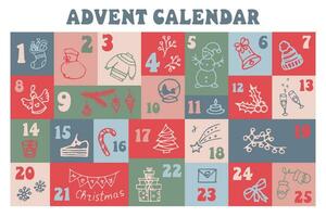 Natal advento calendário. fofa inverno ilustração para cartão, poster, decoração. grupo do sazonal objetos dentro rabisco estilo. vetor imprimível definir.