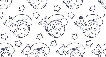 desatado padronizar com dormindo gatos em a lua. vetor fundo dentro linha arte estilo, rabisco ilustração.
