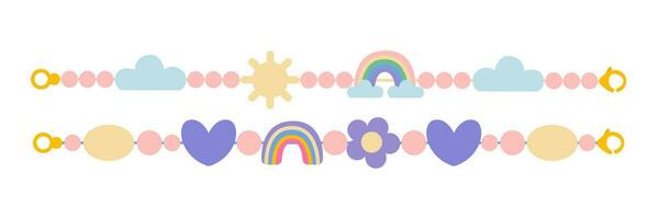 fofa na moda pulseiras com nuvens e arco Iris miçangas plano vetor conjunto
