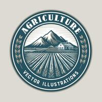 ilustração vetor gráfico logotipo projeto, emblema crachá carimbo estilo, combinação montanha, Arrozal para plantação e agricultura