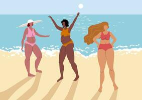 feliz mais Tamanho mulheres dentro maiôs banhos de sol e relaxante perto a mar. interracial grupo do mulheres amor você mesmo, seu corpo. feministas. horário de verão vetor ilustração. mulher com diferente pele tom