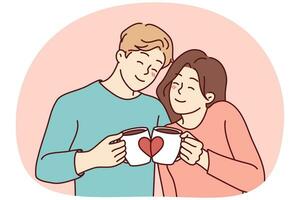 casal feliz abraçando bebendo café de canecas de amantes. homem e mulher sorridentes se abraçam e desfrutam do chá matinal de xícaras fofas. ilustração vetorial. vetor