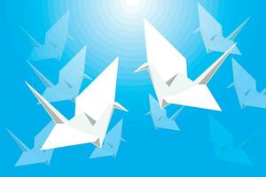 ilustração grupo do a origami pássaro vôo e com azul círculo fundo. vetor