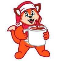 uma fofa Raposa dentro uma santa chapéu e cachecol segurando uma caneca do quente chocolate vetor