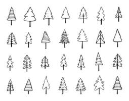 grande mão desenhado Natal árvores rabisco definir. vetor editável ilustração. Preto contorno do abetos vermelhos isolado em branco fundo